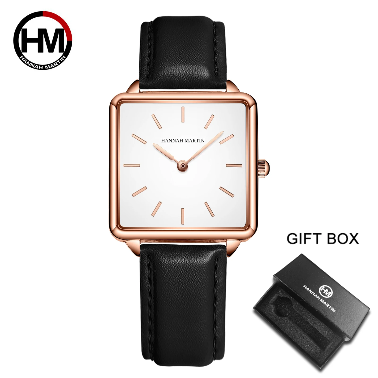 Hannah Martin Simple Leather Watch For Women Japanese Movement Quartz Wristwatch Fashion Casual All-Match Clock Black Gift Box