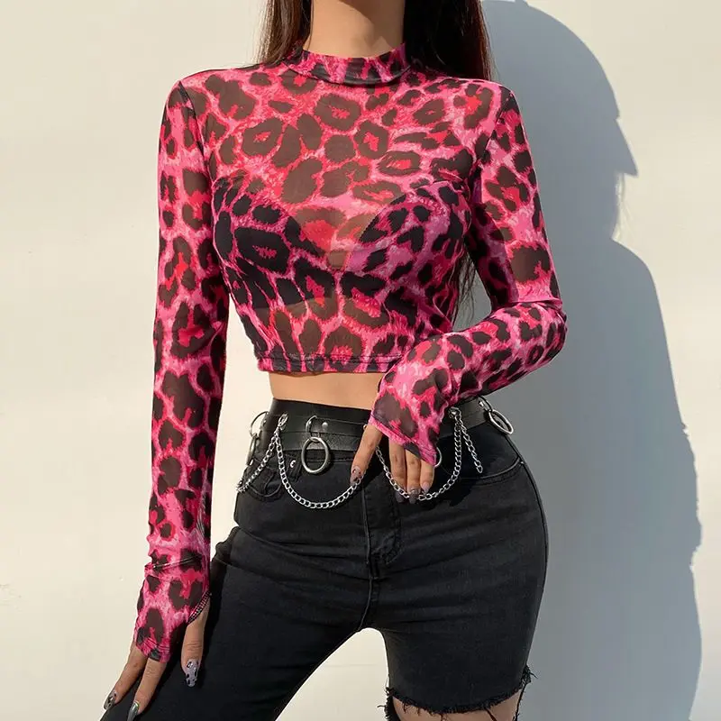 

Short Crop Top with Exposed Navel for Women Sexy Pink Leopard Print Tight Top Long Sleeved T-shirt