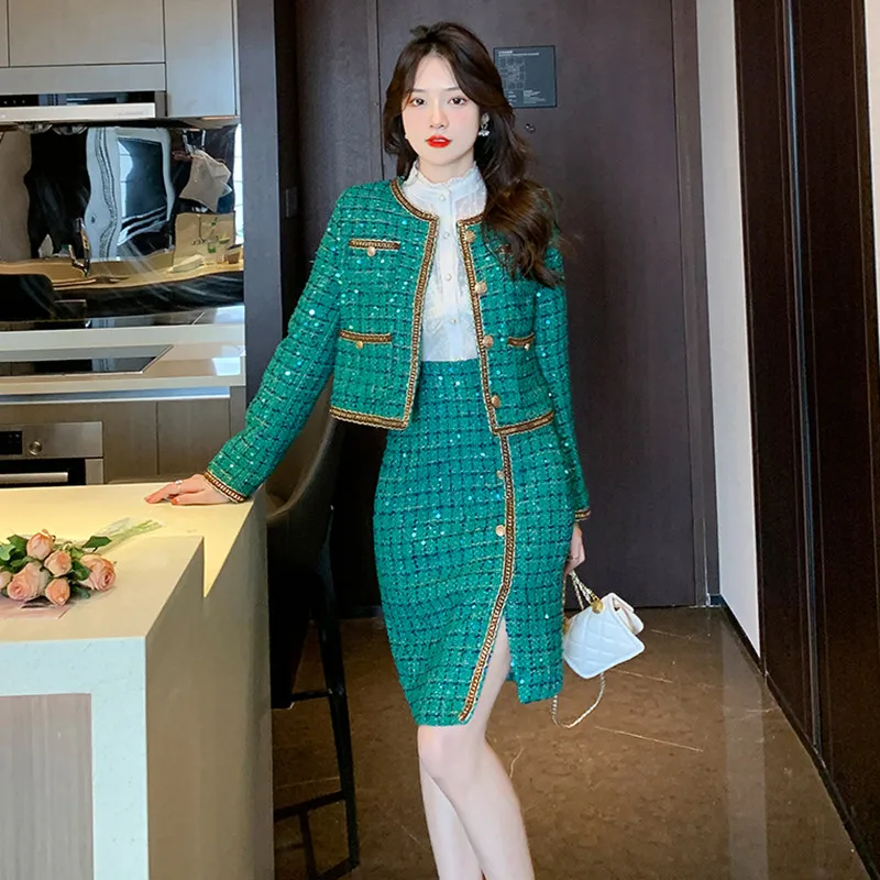 Herfst Kleine Geur Vintage Tweed Tweedelige Set Vrouwen Crop Top Wollen Korte Jas + Mini Kokerrokken Sets 2-delige Pakken