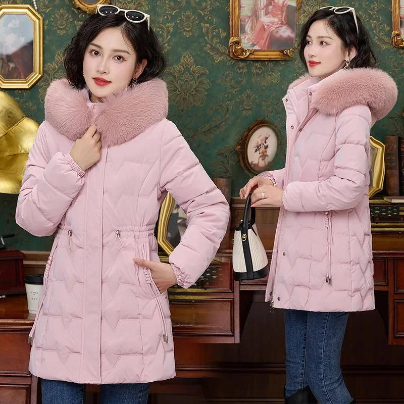 Women Winter Jacket Fashion Mid-length Clothes Slim Fur Collar Thick Cotton Coat Elegant Parka Overcoat Female Casual Outwear