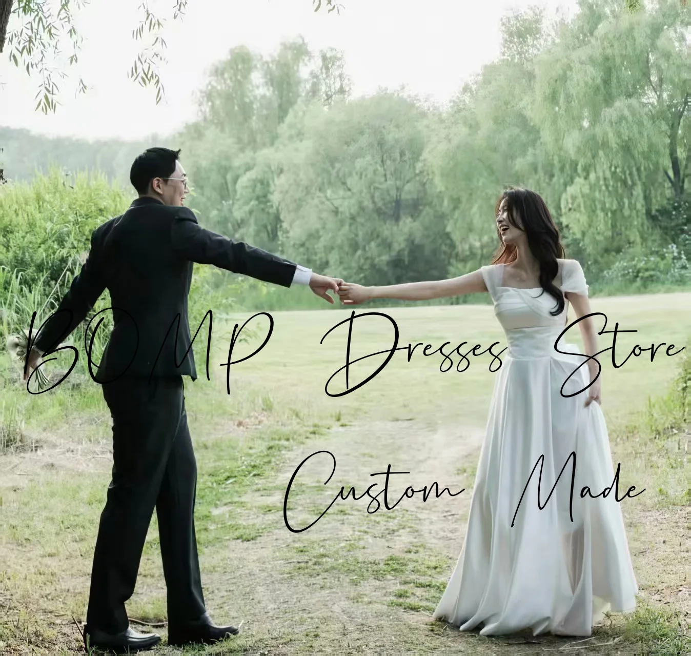 فستان BOMP أنيق لحفلات الزفاف على شكل قلب وأكمام قصيرة ثنيات بطول الأرض كوريا لالتقاط الصور فستان استقبال الزفاف حسب الطلب