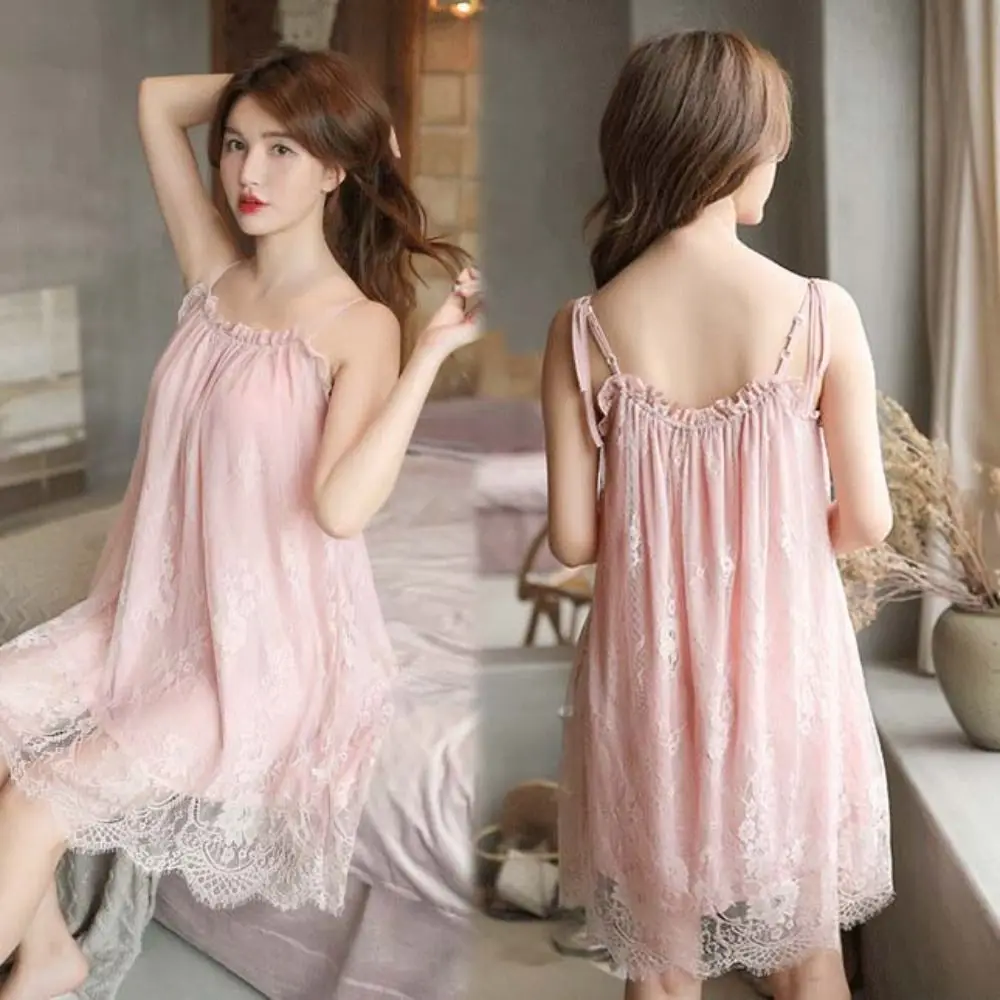 Fashion Lace Flower Suspender Nightdress Loose Ruffled Edge Female Sleepshirts Thin Pajamas Sleep Dress Home