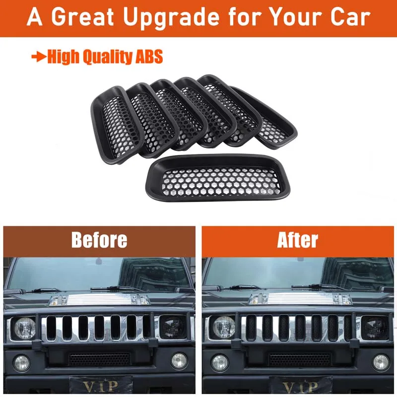 For Hummer H2 2003-2007 ABS Black Red Car Styling Front Center Grid Insect-Proof Net Car External Protection Accessories 7Pcs