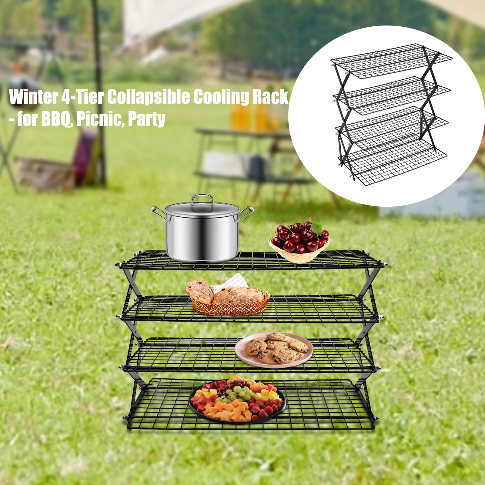 

Winter Indoor Dining 4-Tier Collapsible Cooling Rack - Portable Foldable Food Stand for BBQ, Picnic, Party