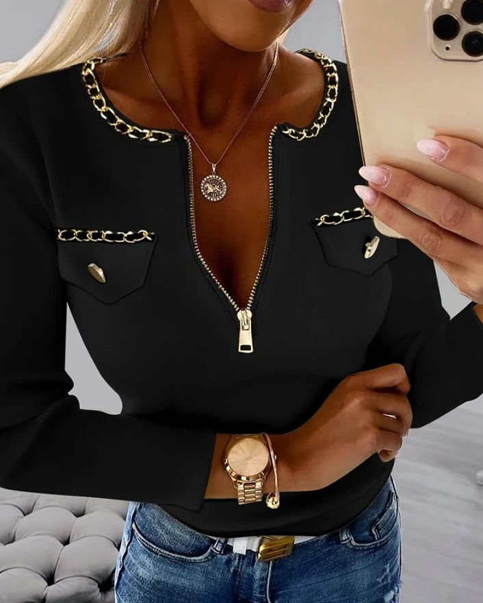 

Elegant T-Shirts for Women Round Neck Long Sleeve Zip Up Chain Decor Top T Shirts for Woman