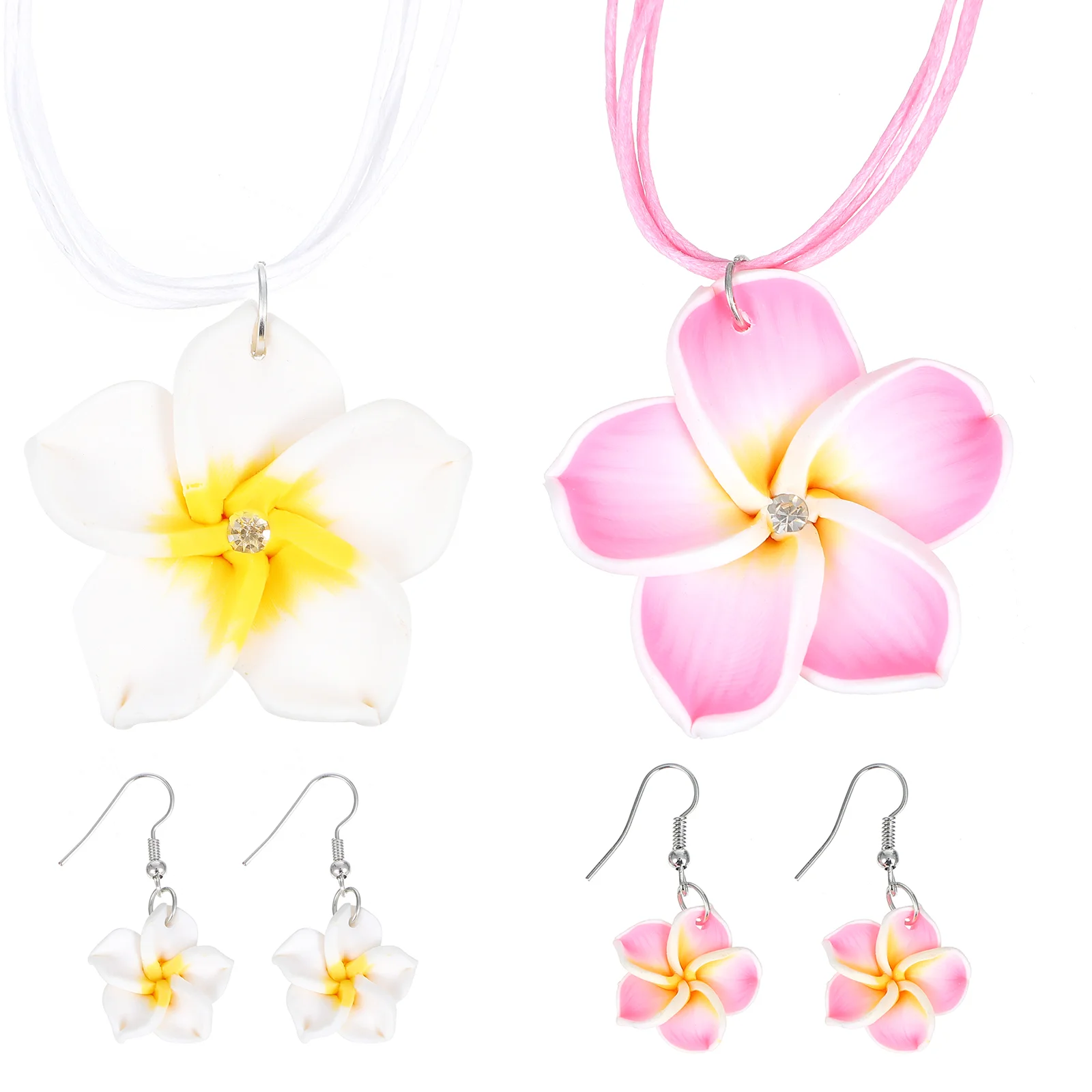 2 Sets Hawaiian Accessories Clay Plumeria Necklace Jewelry Kit Earring Boho Decor Theme Flower Party