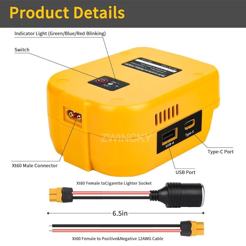 

Для Dewalt/Milwaukee 18 В 20 В литиевая батарея 18 В/20 В до 12 В понижающий преобразователь с интерфейсом прикуривателя USB Type-C порт