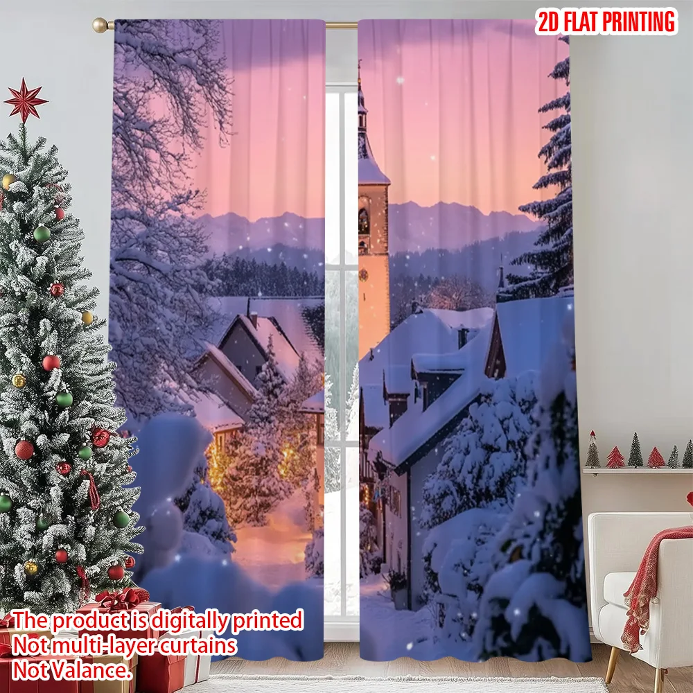 

2pcs 2D flat printing Merry Christmas Popular Window Curtains Winter_ Durable Polyester Without Electricity Festive Curtains Use