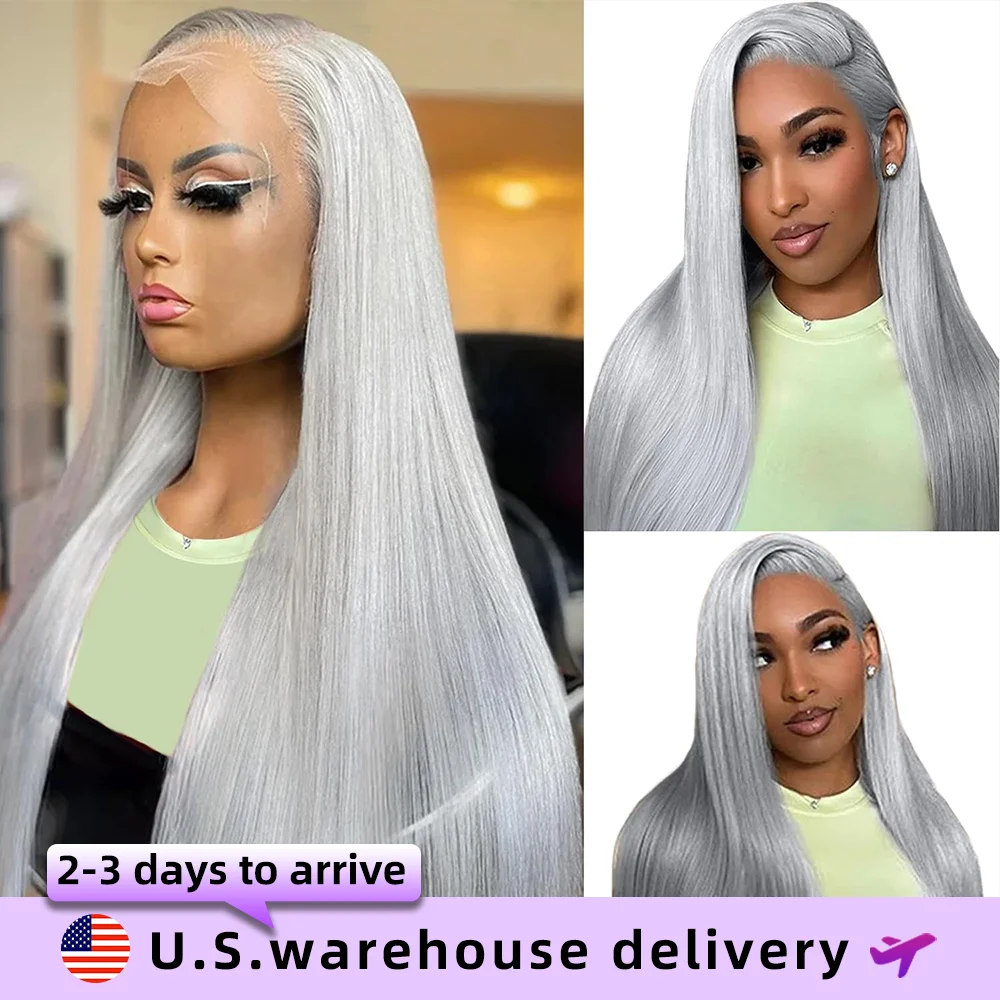 

30Inch Silver Grey Bone Straight Human Hair Wig 13x6 HD Transparent Lace Frontal Wig Pre Plucked 13x4 Lace Front Human Hair Wigs