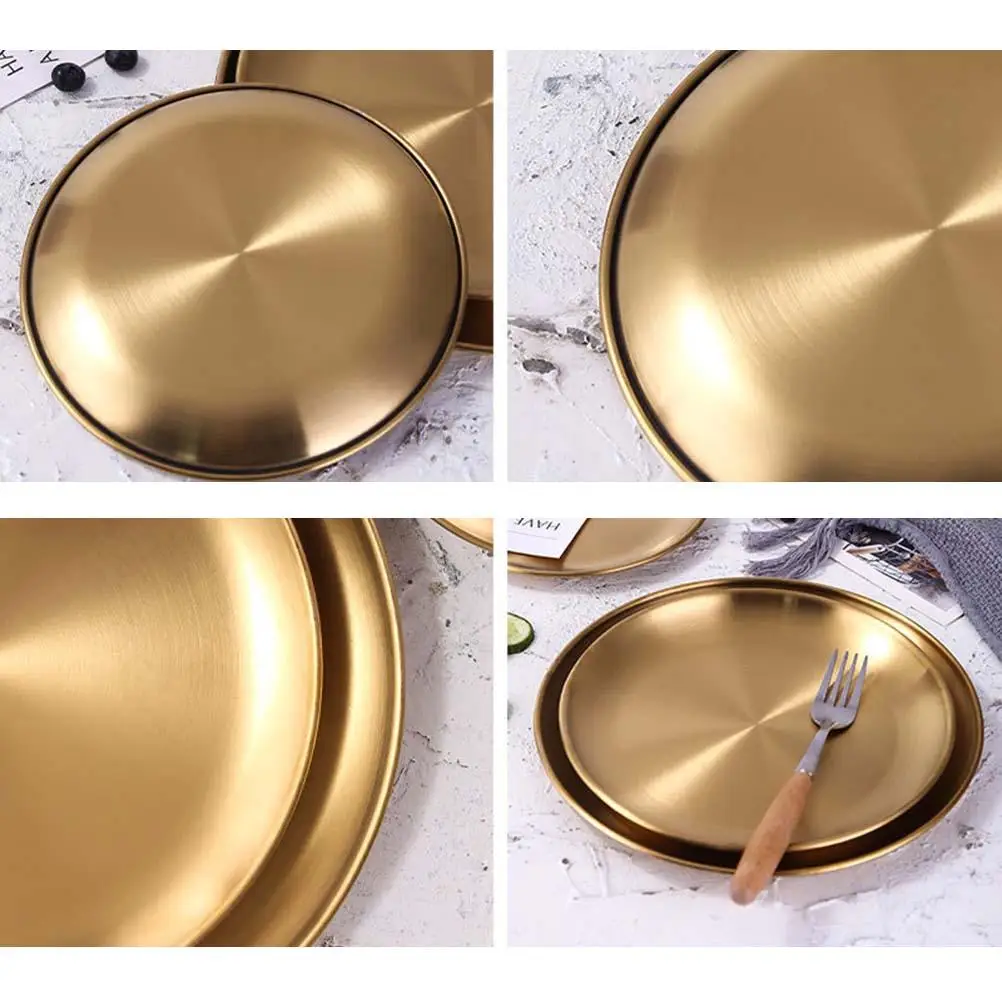 

Golden Jewelry Plate Dishes Kitchen Serving Home Decor Platter Stainless Steel Accessories Premium Material Round Shape