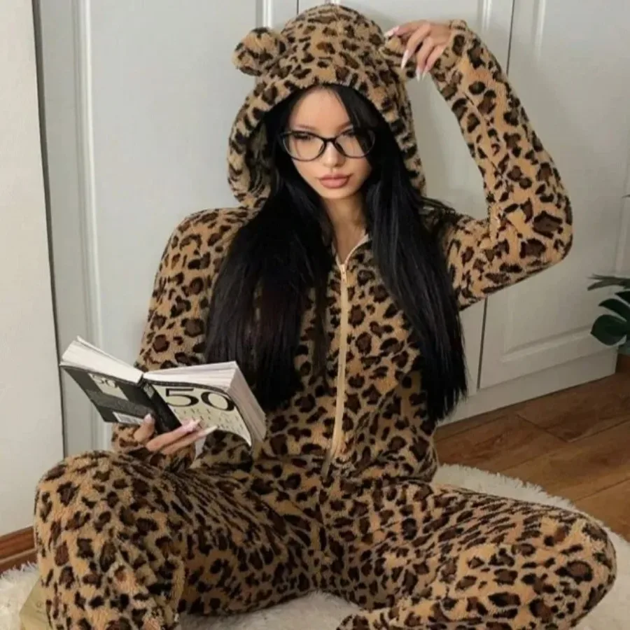 

Coral Fleece Ladies Pajamas Adult Onesies for Women Winter Cute Ear Leopard Jumpsuit Hooded Pajamas Warm Sleepwear Home Clothes