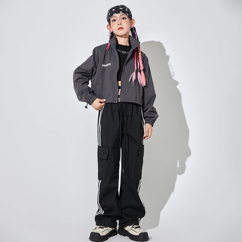 Kids Kpop Hip Hop Clothing Windbreaker Pullover Jacket Crop Top Streetwear Cargo Pants for Girls Boys Jazz Dance Costume Clothes
