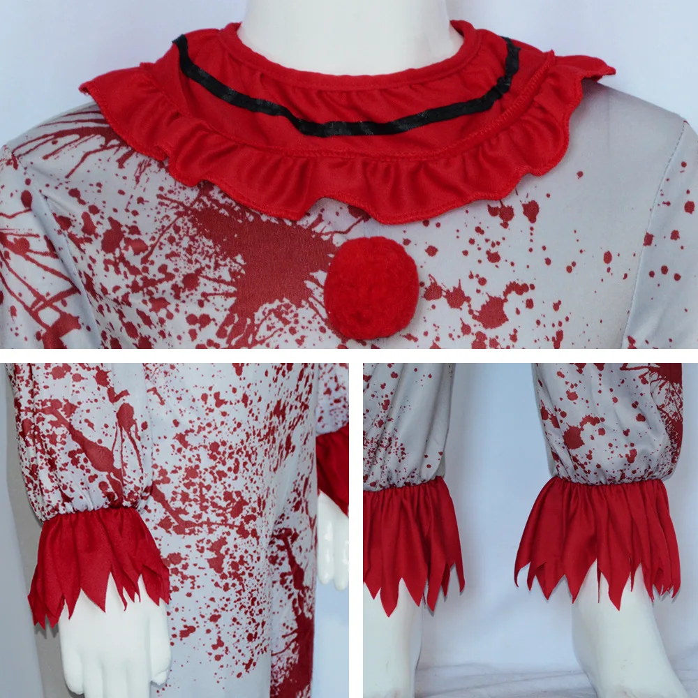 Movie Killer Clown Costume per bambino spaventoso pagliaccio grigio tuta con sangue fantasia Hallween per ragazzi