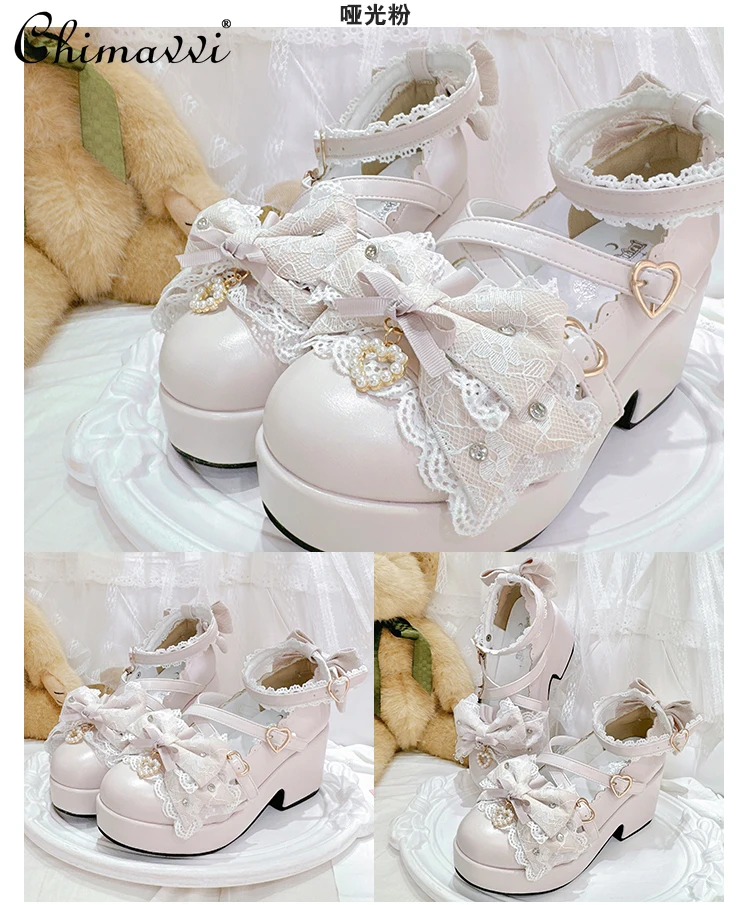 

Original Japanese Sweet Bow Mary Jane Single Shoes Mass- Produced Girl Princess Lolita High Heel Pumps Girls Muffin Shoes