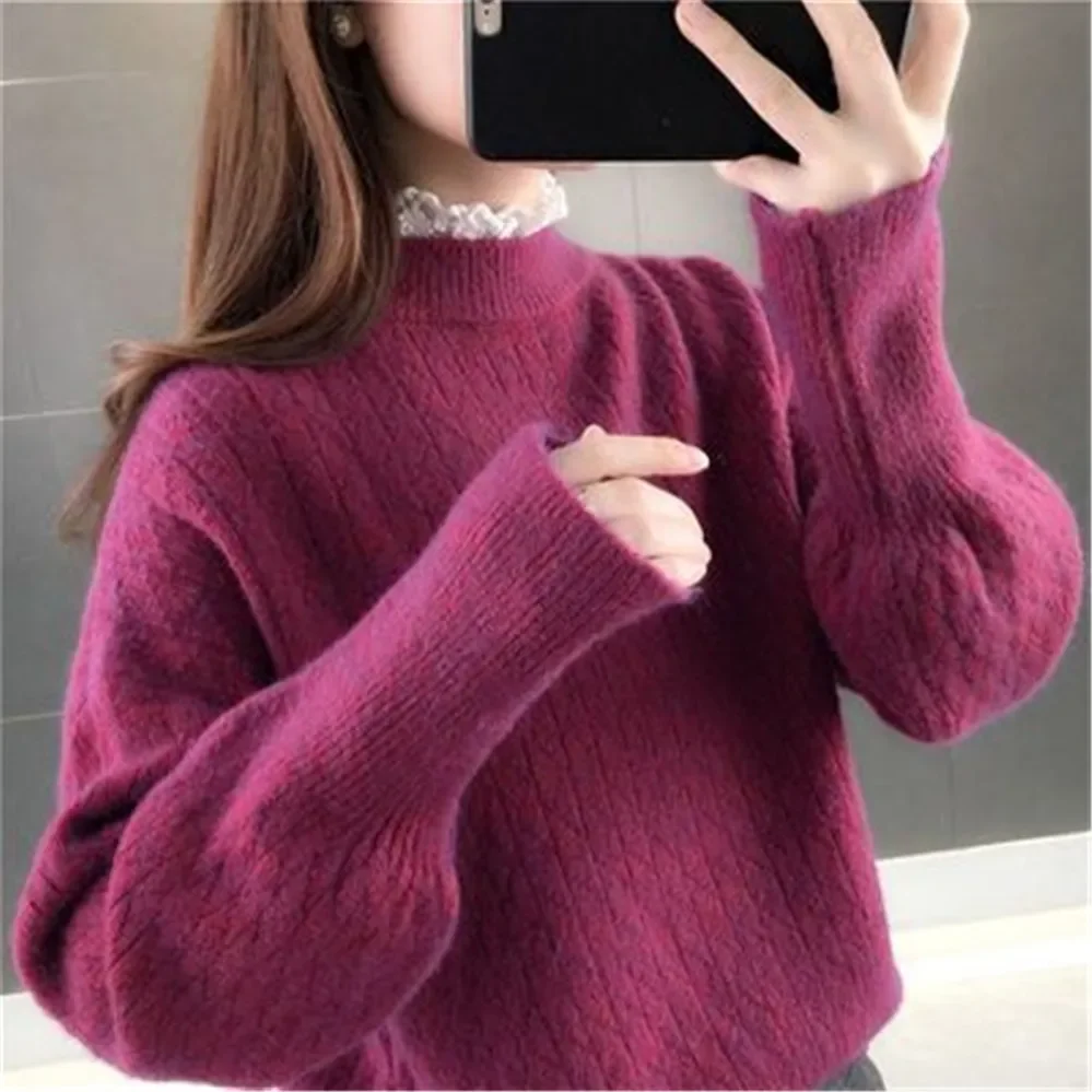 White Mohair Thicken Turtleneck Sweater Autumn Winter Sweet Fashion Lantern Sleeve Casual Solid Color Pullover pull femme