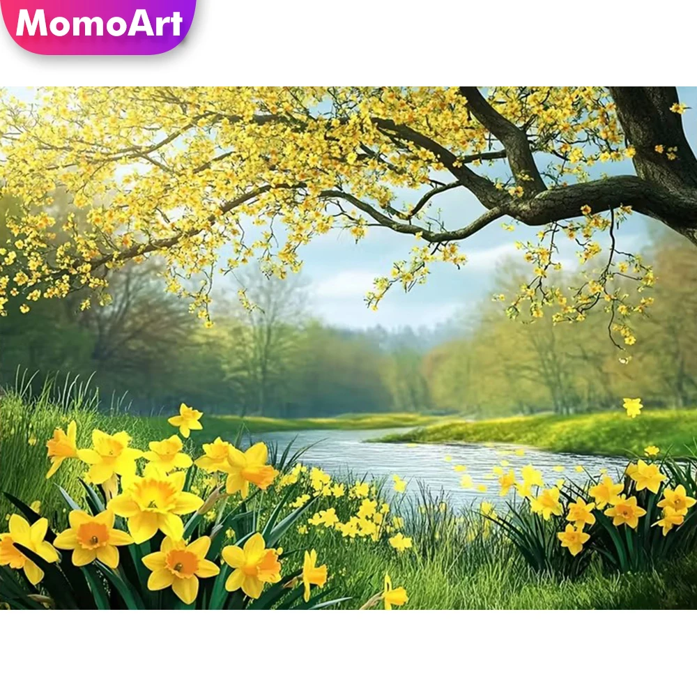 Momoart Vollquadratisches und rundes Diamant-Mosaik, Flusslandschaft, Kreuzstich-Gemälde, Blume, DIY-Diamant-Stickerei, Baum, handgefertigtes Geschenk