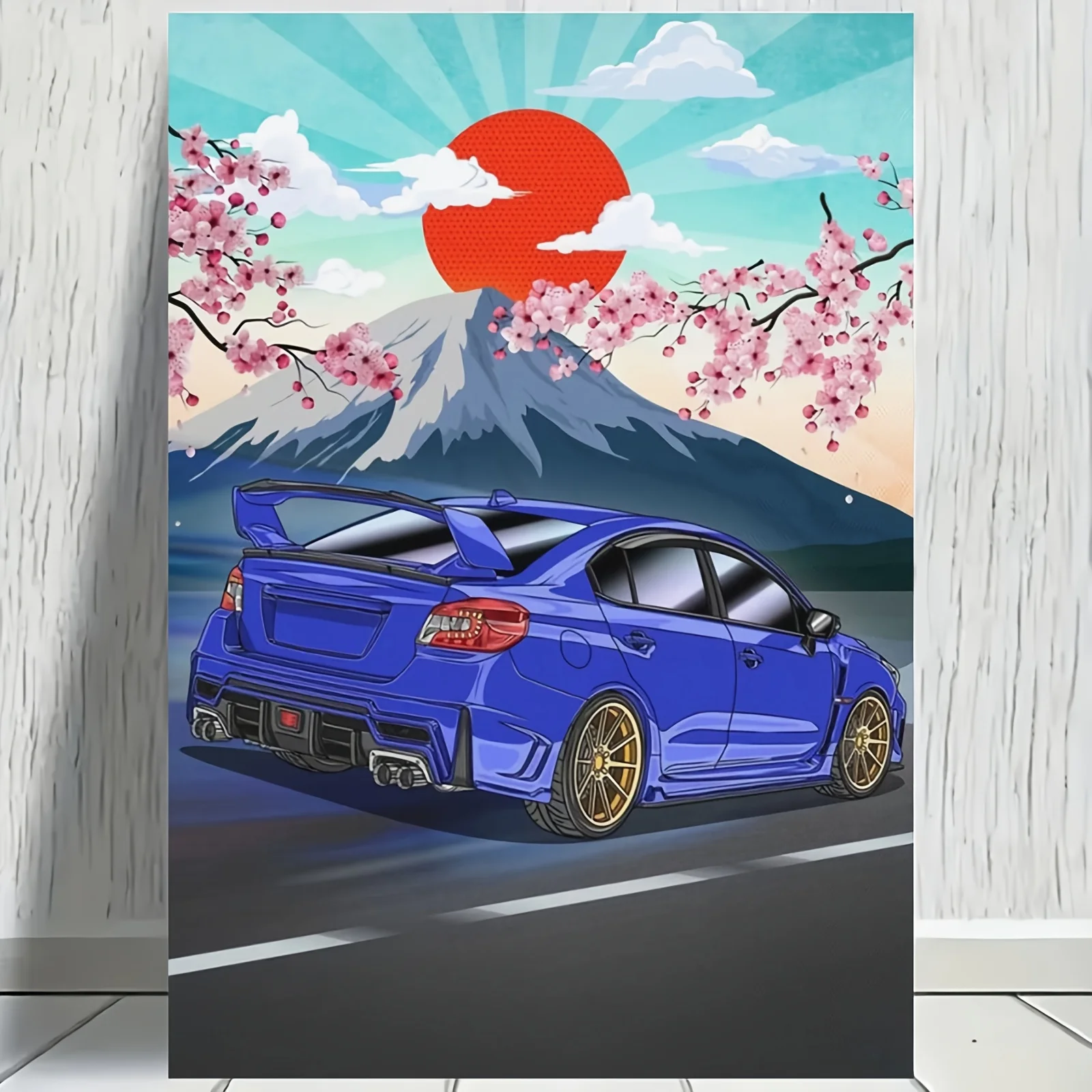 Frameless JDM Blue WRX Vintage Car Canvas Wall Art - Vibrant Automotive Poster with Cherry Blossoms & Mountain Sunset, High-Qua