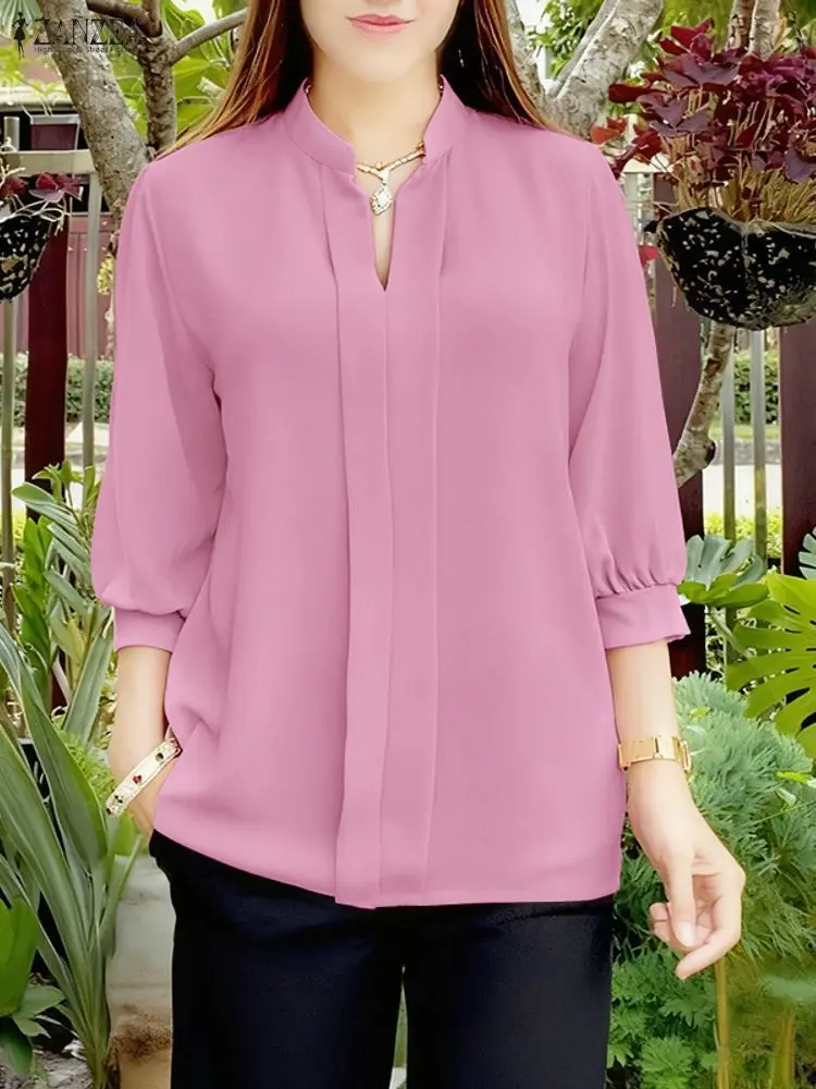 

ZANZEA Women Casual Loose Blouse Fashion 3/4 Sleeve Solid Color Tops 2025 Autumn V-Neck Blusas Femininas Streetwear Work Tunic
