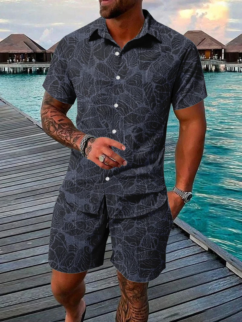 Men\'s Shirt Set Vintage Prints Men\'s Fashion Shirt + Shorts Two Piece Hawaiian Shirt Beach Shirt Set Beach Casual Wear Men\'s