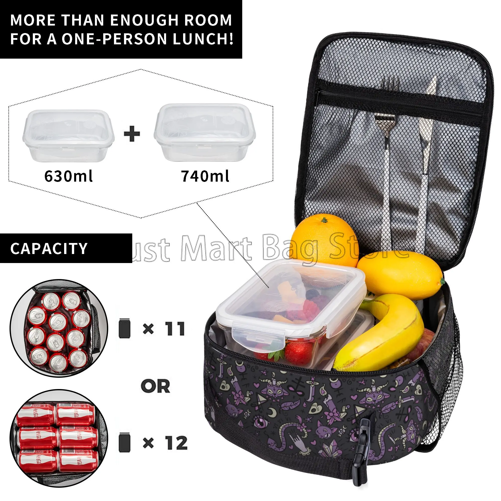 Purple Gray Magic Goth Spooky Insulated Lunch Bag Portable Waterproof Lunch Box Reusable Thermal Bento Tote for Women Boys Girls