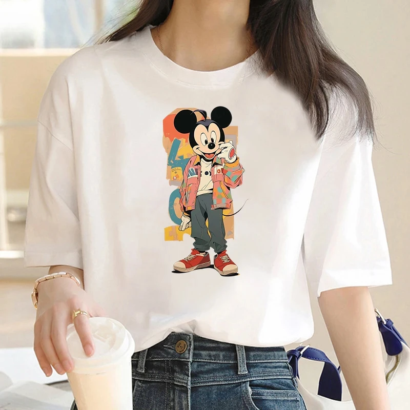 Kreskówka lato moda śliczna Mickey nadruk z myszką odzież t-shirt Disney kobiet bawełniany krótki rękaw wzór t-shirt kobiet