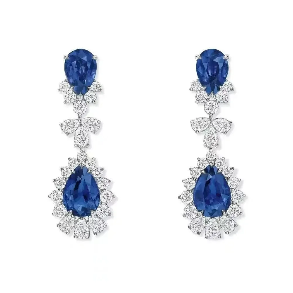 Luxury Blue Gemstones Sapphire Topaz Zircon Diamonds Drop Earrings for Women Evening Party Luxury Elegant Jewelry Accessories