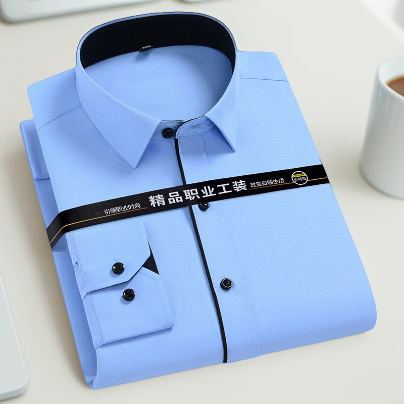 

S-48 Мужская деловая официальная рубашка, тонкая и модная полосатая синяя рубашка, однотонная рабочая одежда, профессиональная одежда для