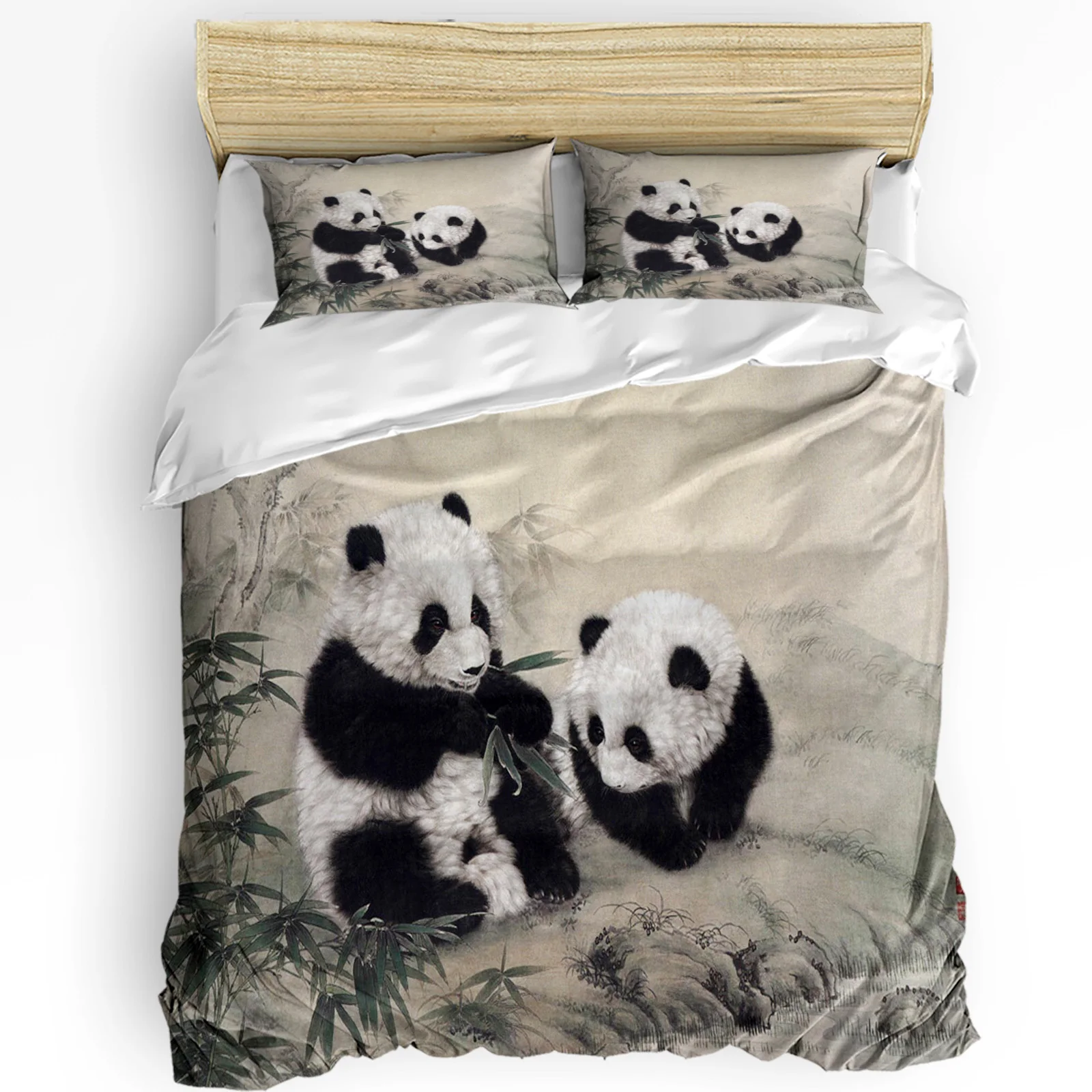 

Animal Panda Bamboo Ink Painting Duvet Cover with Pillow Case Custom 3pcs Bedding Set Quilt Cover Double Bed Home Textile