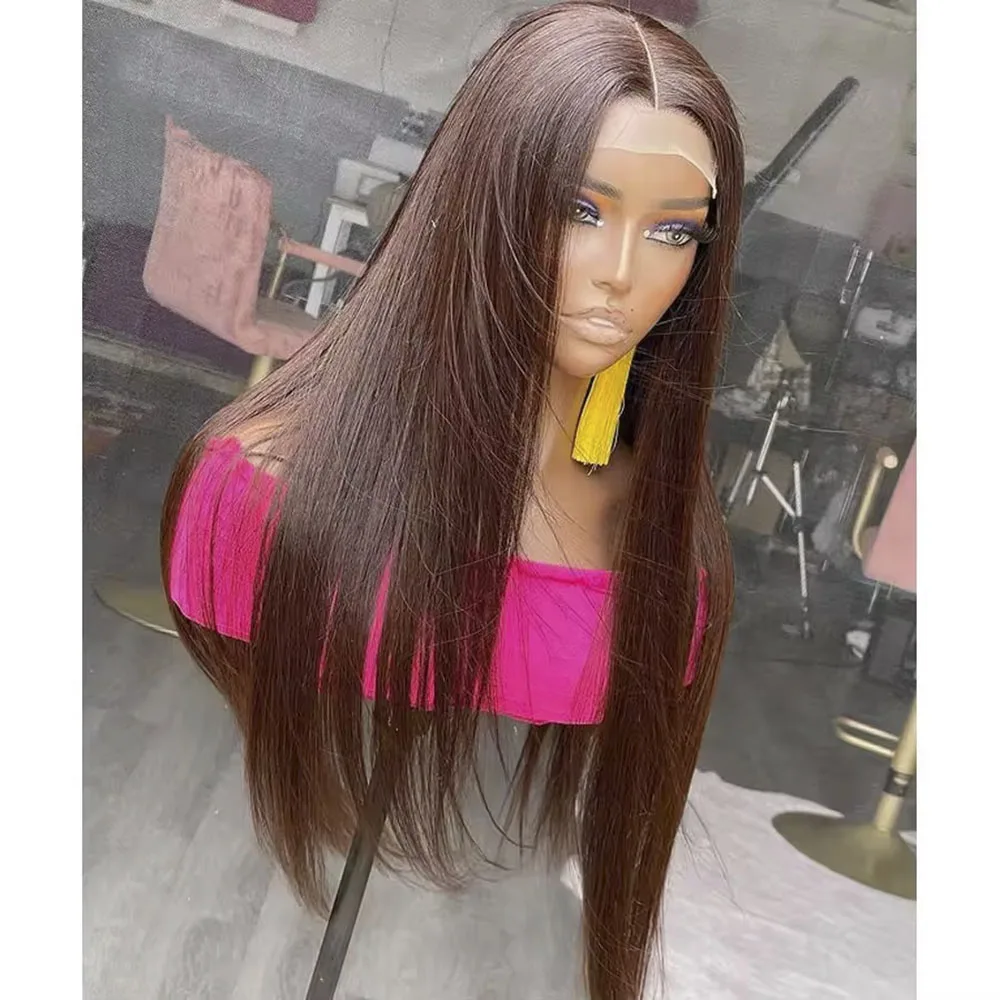 

Chocolate Brown Straight Lace Front Wig Human Hair Peruvian Bone Straight HD Transparent Lace Front T Part Lace Wigs for Women