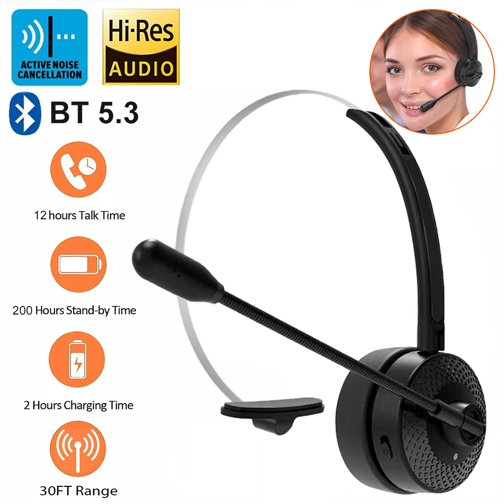 Call Center Bluetooth 5.3 Headset Wireless Truck Driver Headphones with Mic Hands-free Call Noise Cancelling for Laptop PC Phone