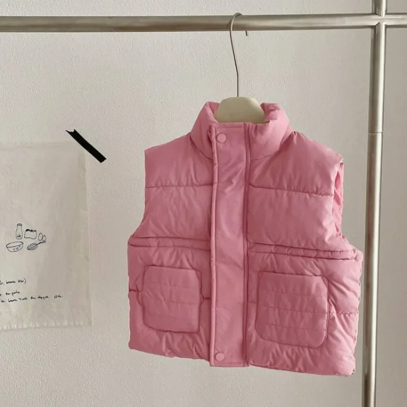 Winter Children Vest Baby Boys Girls Down Cotton Thickened Warm Vest Cute Big Pocket Pink Waistcoat Sleeveless Padded Jacket