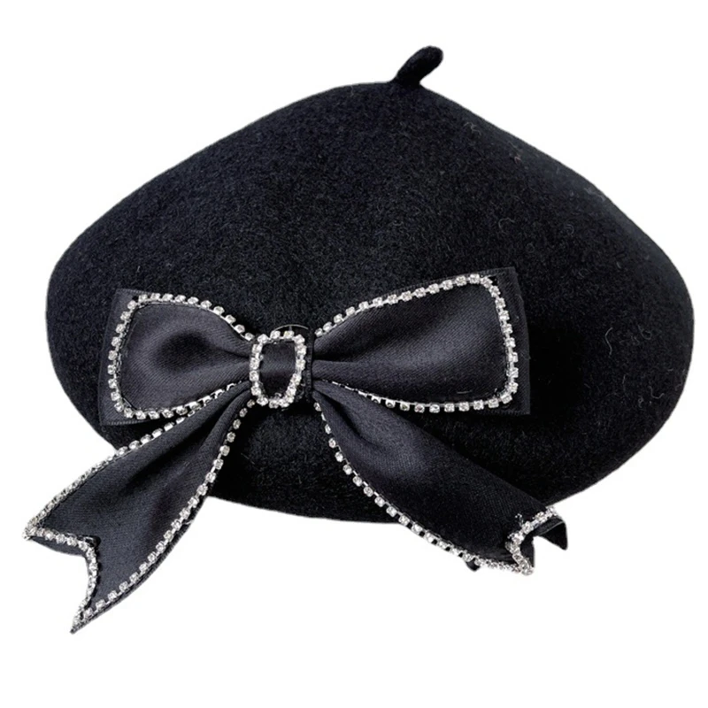 

Fashion Elegant Octagonal Hat Black Ribbon Bow Casual Painter Hat All-match for Outdoor Activities Street