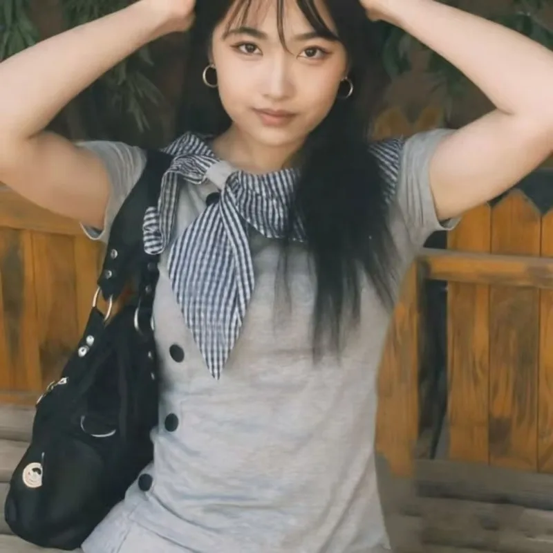 

Vintage Plaid Navy Collar T Shirt Harajuku Slim Grey Short-sleeve T-shirts American Subculture Irregular Tees Women's Retro Tops