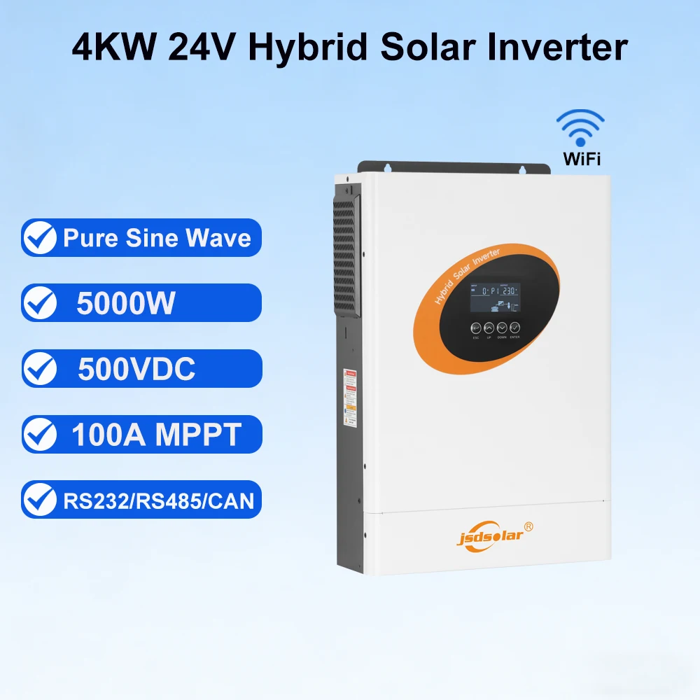 Jsdsolar 4KW 24V Hybride Solar Inverter 230VAC Zuivere Sinusgolf 100A MPPT Solar Charger 500VDC PV Off Grid Inverter Met WiFi RS485