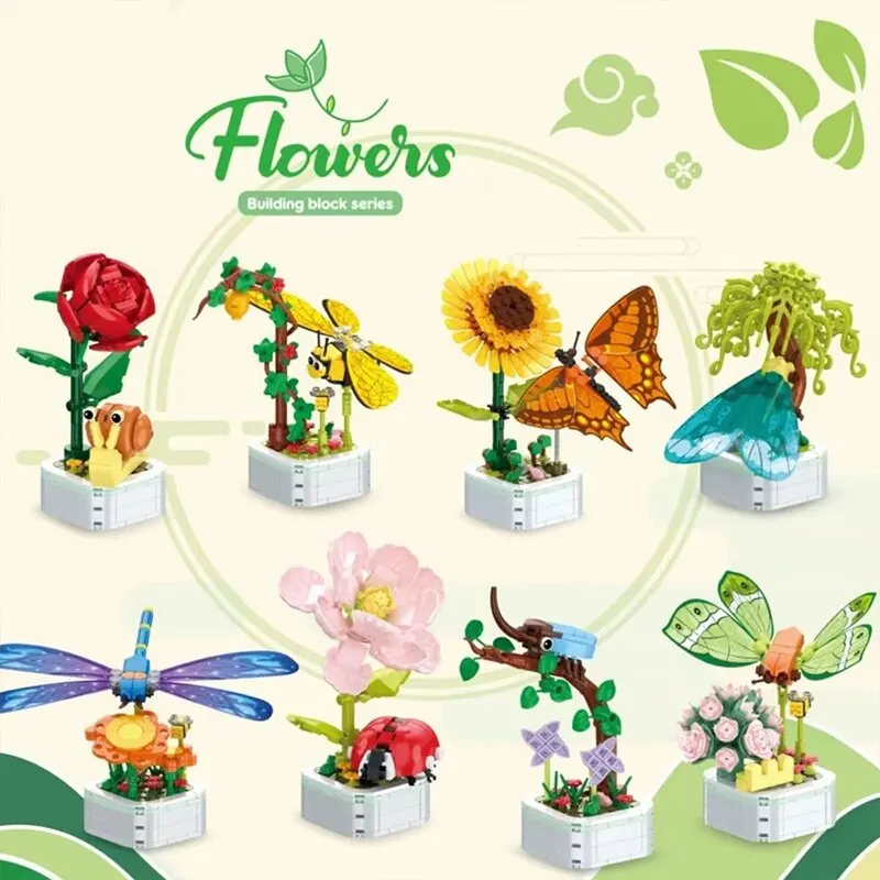 Insect Flower Potted Building Blocks Succulent Bouquet Bricks Model Creative Decoration DIY Assemble Toys Girls Children Gifts