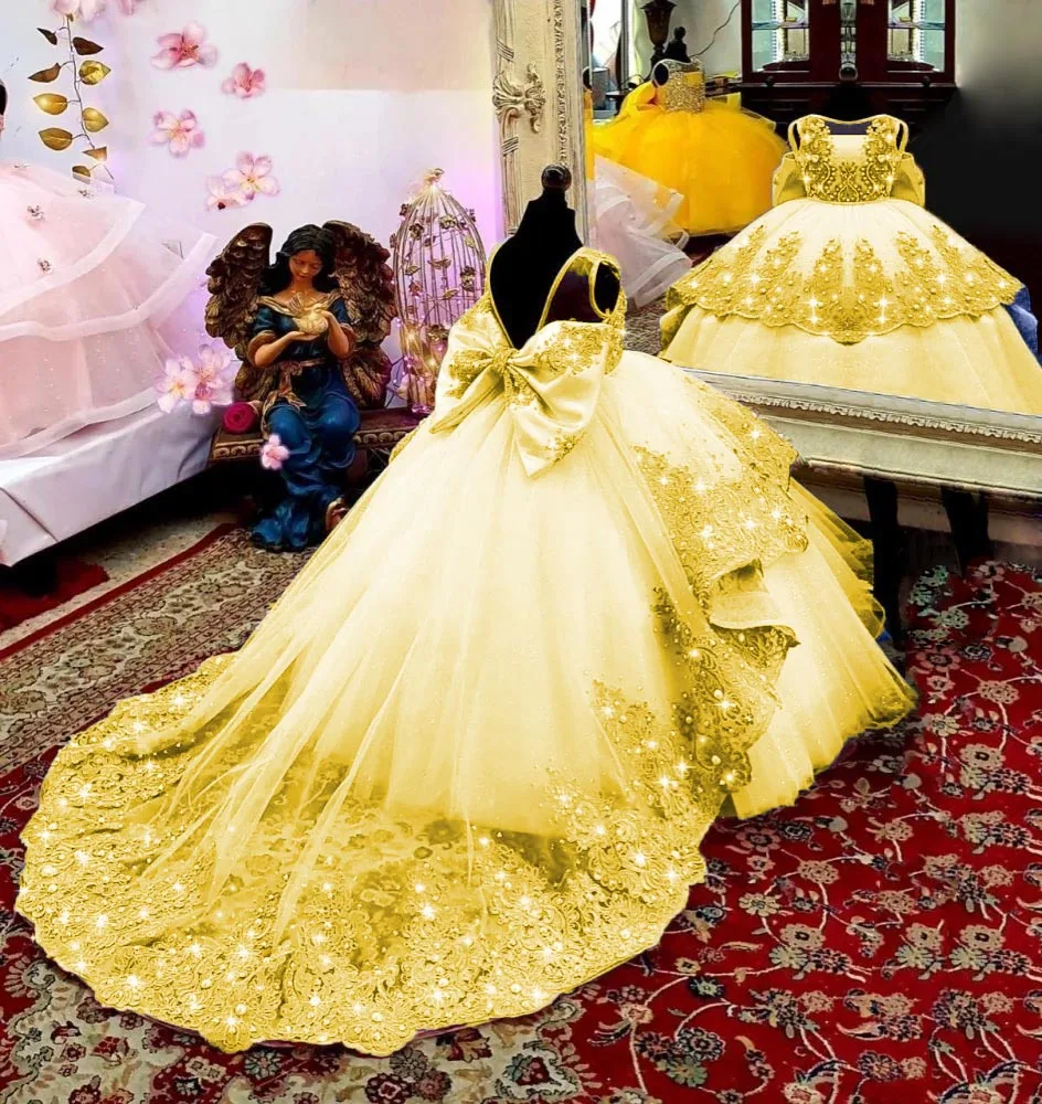 Vestido de niña de flores con apliques verdes para boda, tul sin mangas, largo hasta el suelo, vestidos de princesa hinchados para cumpleaños y primera comunión para niños