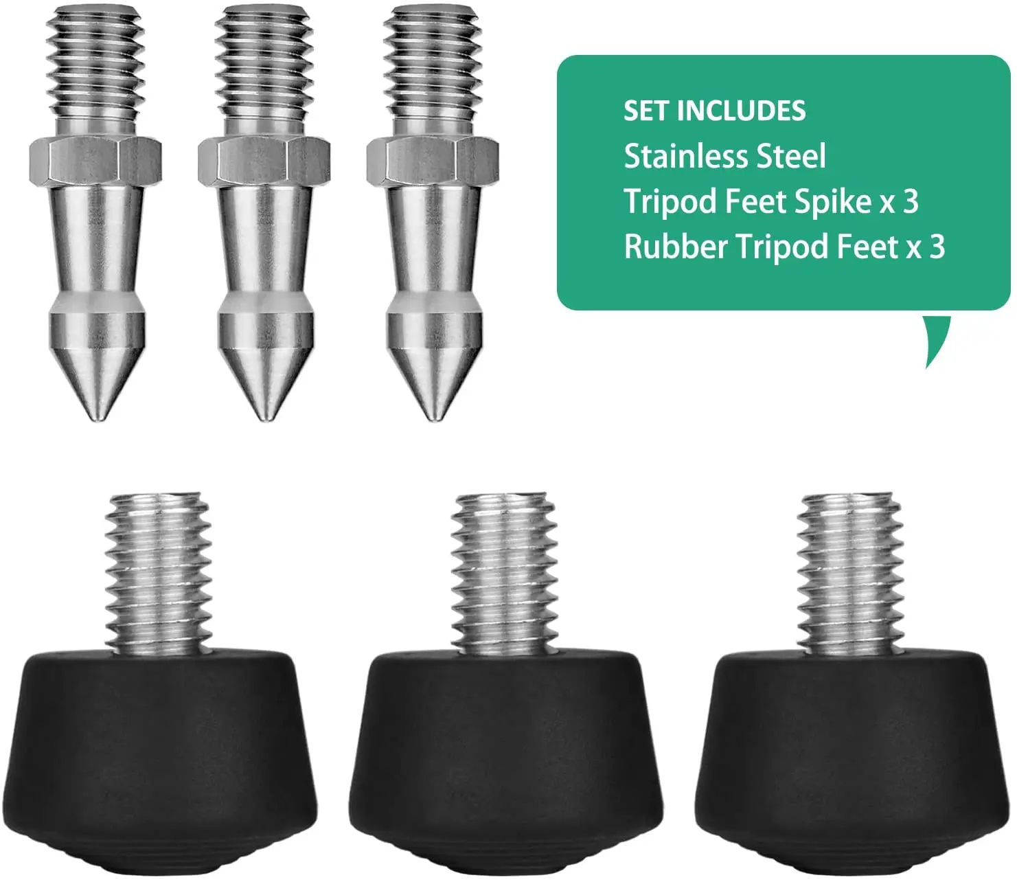 3 Sets of Tripod Rubber Feet Universal Anti-Slip & 3 sets Tripod Spike Feet Stainless Steel, 3/8 Thread Tripod Replacement Parts