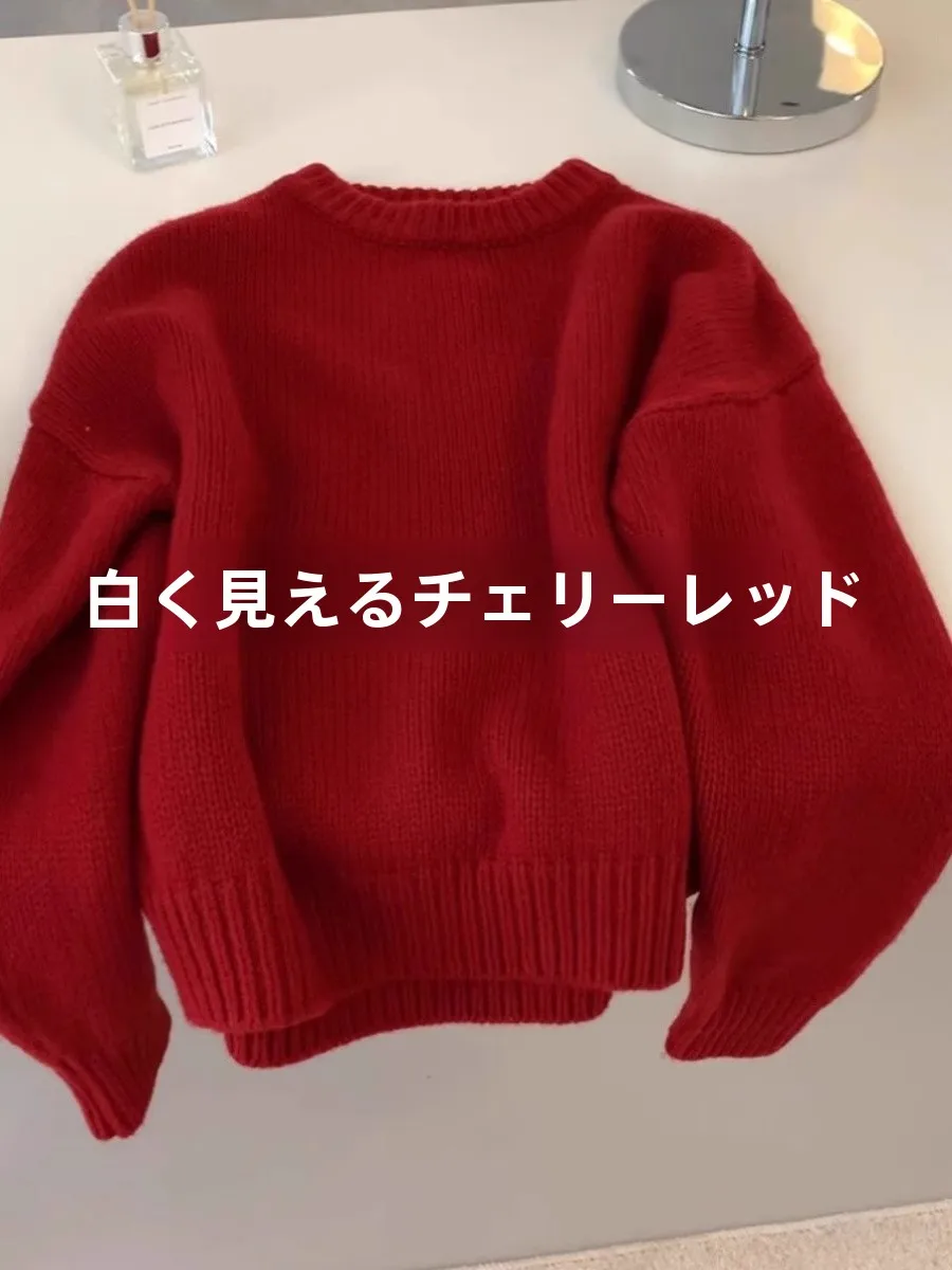 

Red round Neck Knitted Sweater Women's Retro Style Winter Fashion Casual Loose Fit Long Sleeve Top for New Year 2024