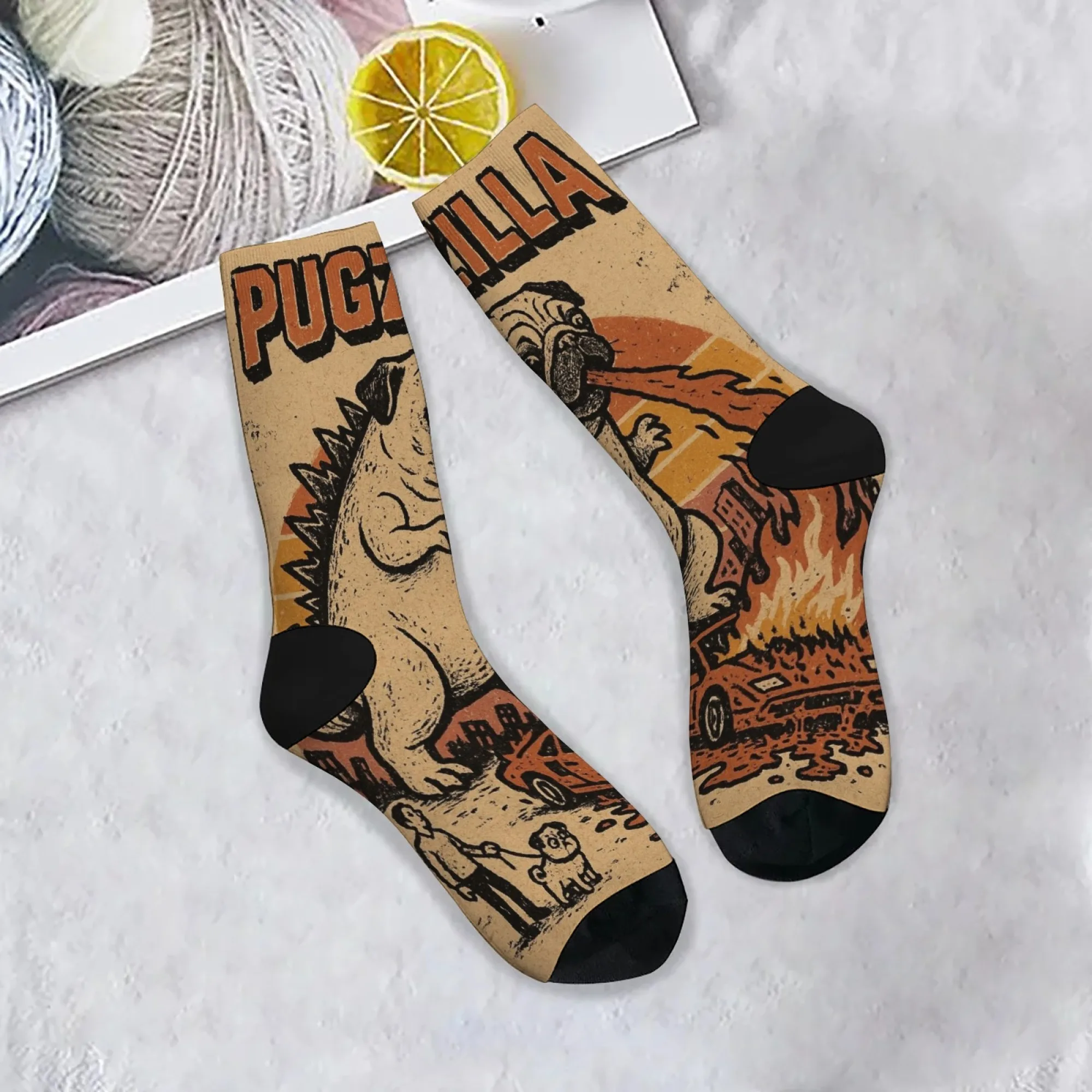 

Retro Funny Dogzilla Pug Crew Socks, Vintage Cartoon Monster Print Socks, Unique Gift for Pet & Monster Movie Enthusiasts