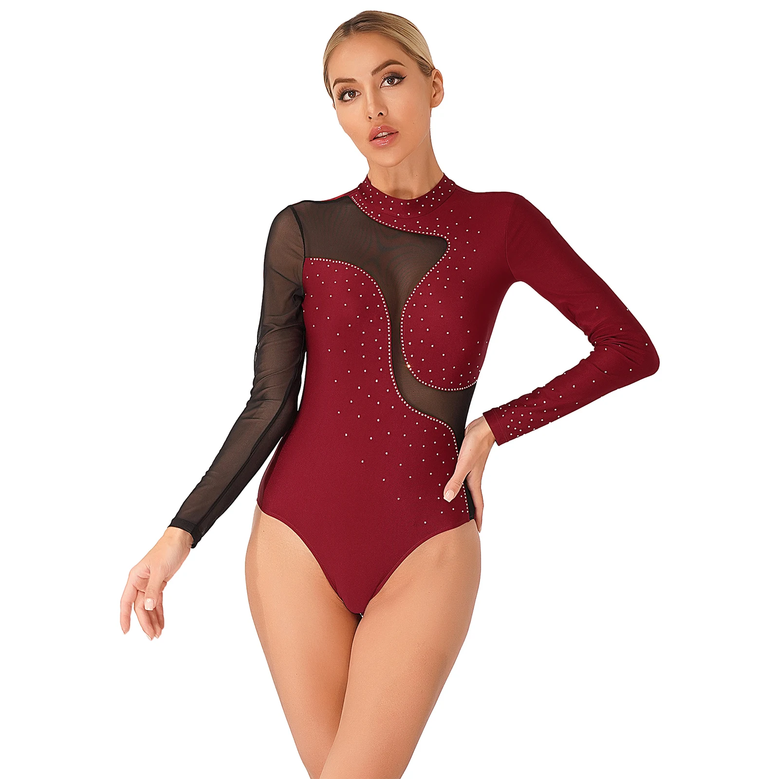 

Womens Mesh Long Sleeve Leotard Rhinestone Color Block Bodysuit for Gymnastics Dance Acrobatics Figure Skating