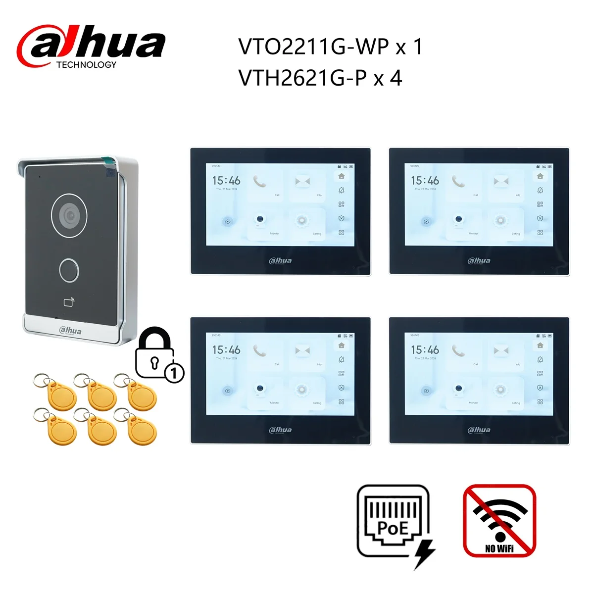 KIT videocitofono IP originale Dahua, VTO2211G-WP e VTH2621GW-P / VTH2621G-P, supporto app telefono, sblocco scheda RFID
