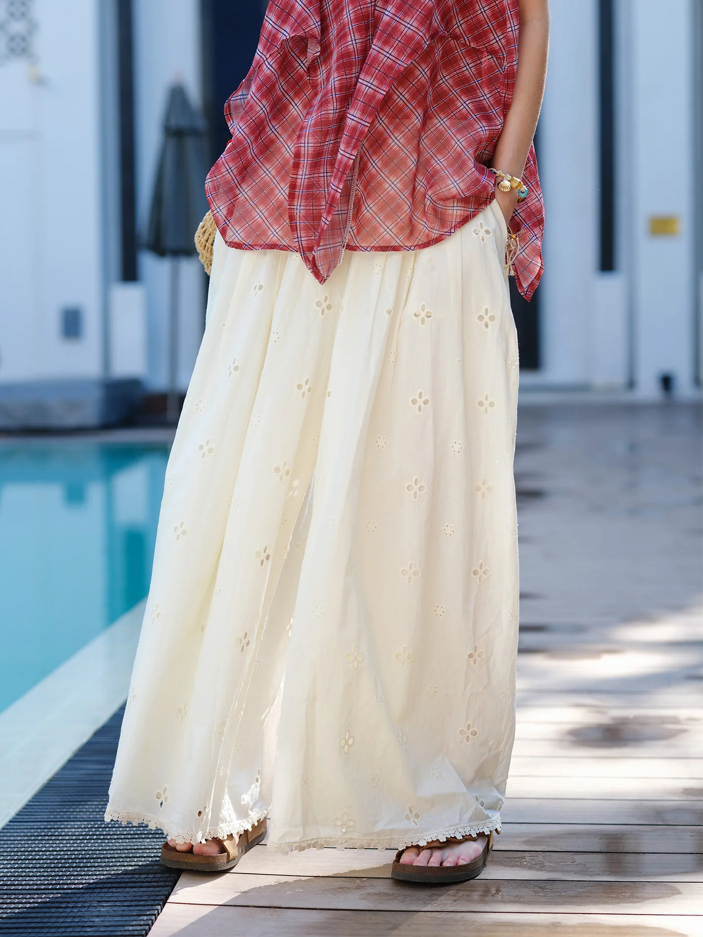 

Bohemian Style Light Hollow out Wide Leg Pants Women's Summer Thin High Waist Loose Slimming Casual Pants Peach Color