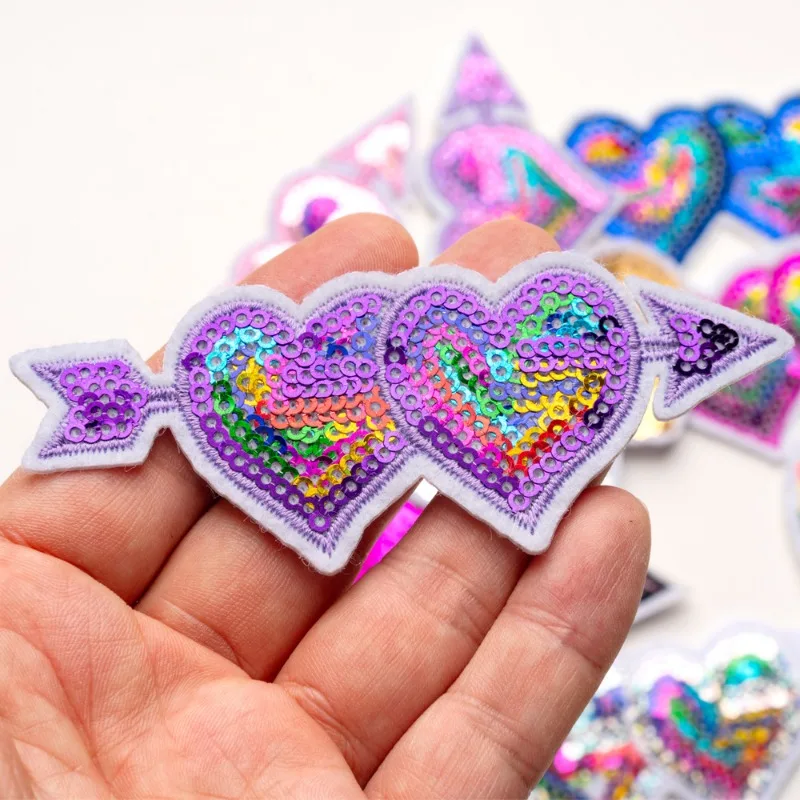 50pcs/Lot Sequin Embroidery Patch Love Cupid Arrow Peach Heart  Hat Shirt Bag Clothing Decoration Accessory Craft Diy Applique