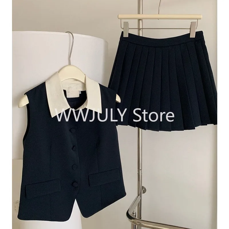 Summer Vintage Women Solid Chic Skirts Suit Sleeveless Casual Tanks Tops Pleated Mini Skirts Two Pieces Set Female Outfits New