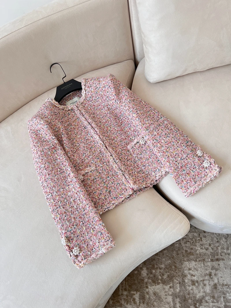 

Retro Luxury Woolen Pink coatsWomen's Stand Fit Ele Lace Hem Bold Ches Sequin Trim Warmthlined Outerwear