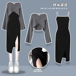 Eleganckie damskie topy z dzianiny Zestaw sukienek Koreańska moda Sweter kardigan z wysoką talią Garnitury damskie Odzież biurowa