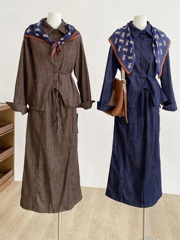 

Spring new Korean style simple casual two-piece set women versatile polo collar long sleeved shirt+high waist long skirt set