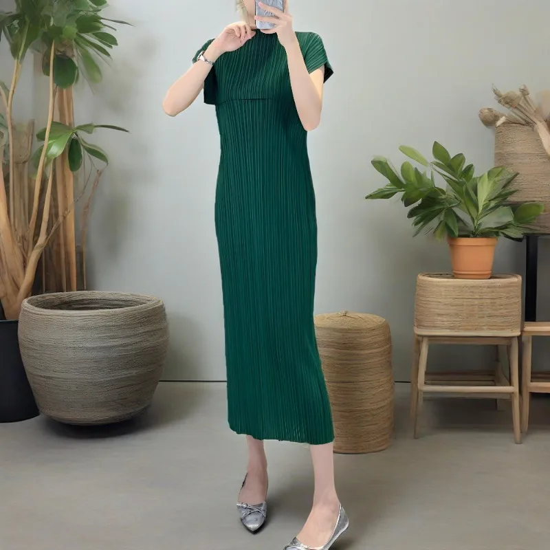 Miyake Pleated Dress Skinny Versatile 2025 Temperament Half High Neck Simple Pleated Dress Wrap Sleeve High Elastic Skirt Summer