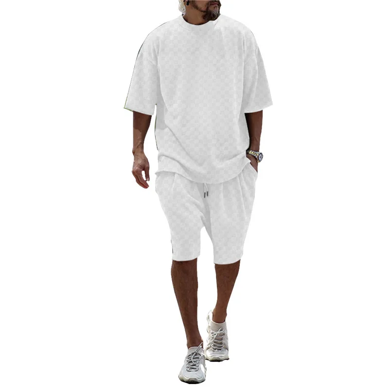 2024 Cross-border Men\'s Summer Plaid Short Sleeve Loose Large Size Straight Casual Shorts Set