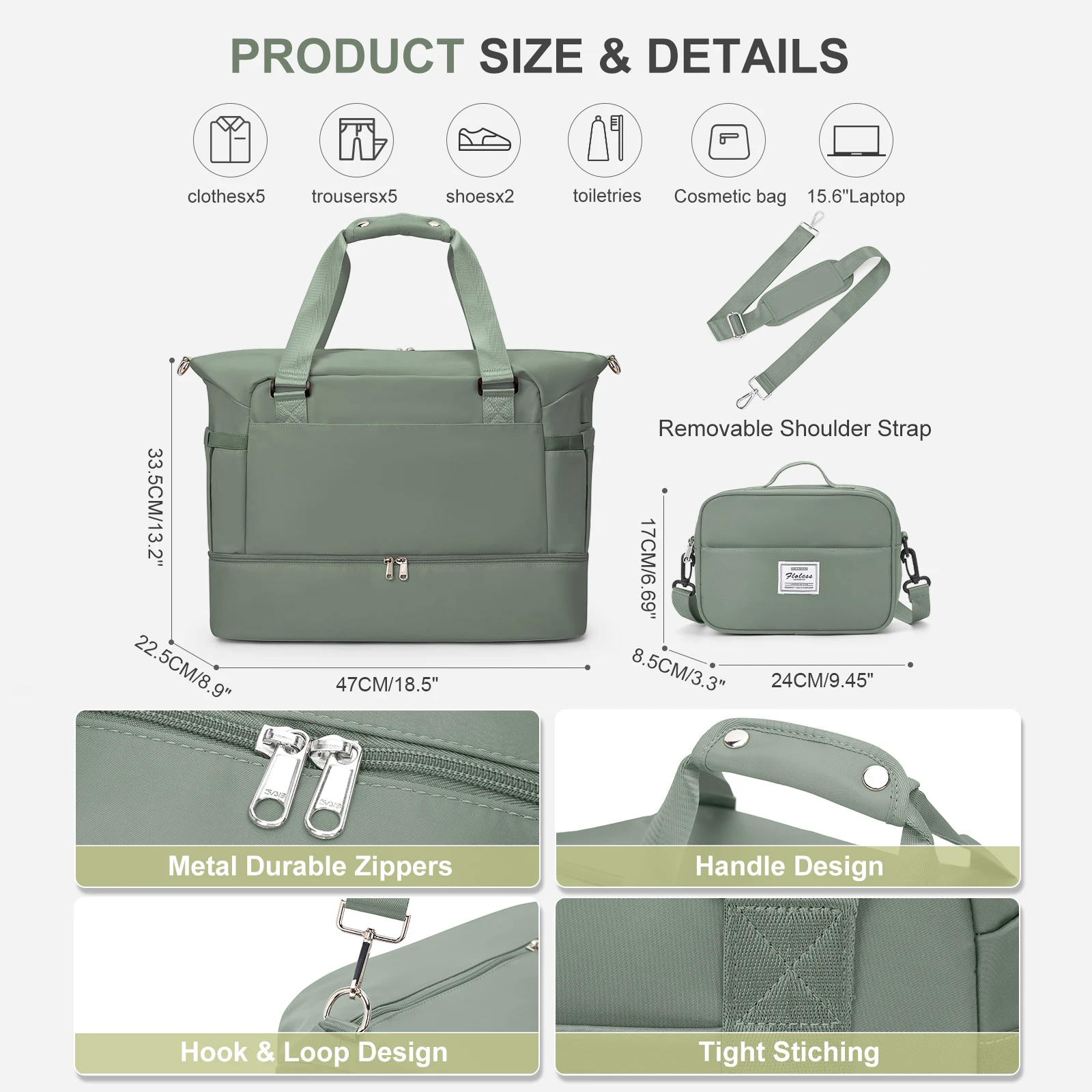 Travel bag, travel luggage, maternity bag, dry and wet separation storage bag, travel lightweight crossbody handbag，（green）.